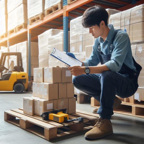 worker preparing euro pallet shipment of boxed products